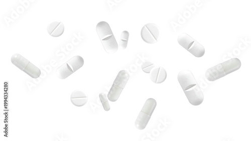 Falling white pills. drugs medicine capsules and vitamins, healthcare pharmacy tablets. different isolated painkillers medicines on white background