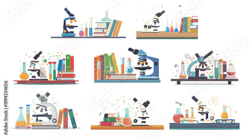 Microscope chemical test tubes and textbooks vector illustration science laboratory education concept research equipment academic study modern flat design