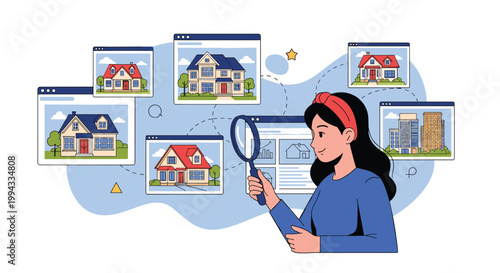 Young woman uses magnifying glass to search for dream homes through online real estate browser windows in modern house hunting concept.