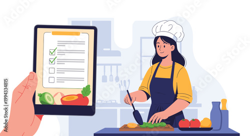 Skilled female chef prepares healthy salad in kitchen while checking off recipe ingredients on digital tablet held by person in foreground.