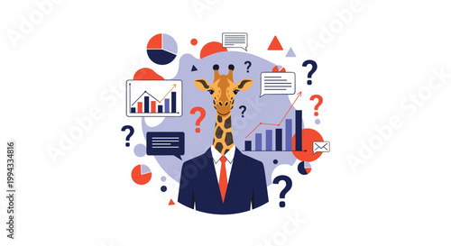 Professional giraffe in business suit looks confused while surrounded by colorful question marks, financial charts, and analytical data graphs.