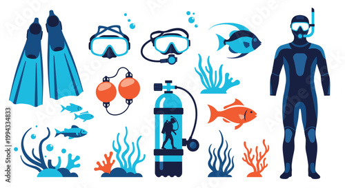 Comprehensive collection of flat scuba diving icons featuring equipment like fins, masks, oxygen tank, diver, and underwater sea life.