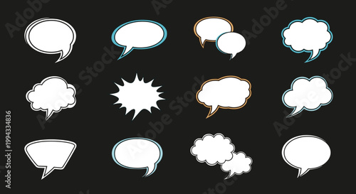Set of twelve diverse comic book style speech and thought bubbles with thin colored outlines arranged on solid black background.