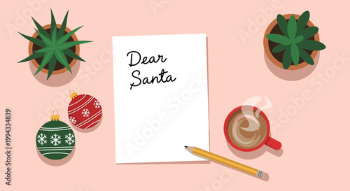 Festive flat lay scene shows a blank letter addressed to Santa with pencil, hot coffee, succulents, and colorful Christmas ornaments.