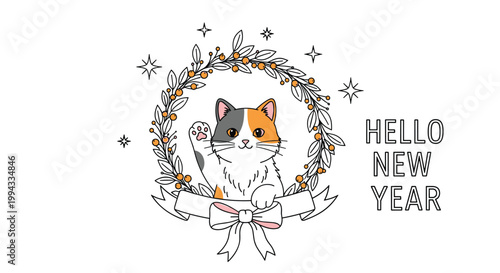 Adorable calico cat waves from inside a festive botanical wreath with berries and stars next to hello new year text.