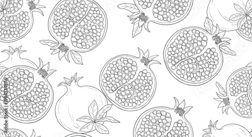 Elegant seamless pattern depicts detailed black and white line art of whole and halved pomegranate fruits with visible seeds and leaves.
