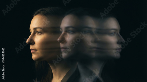 Woman portrait with multiple exposure motion blur representing identity and psychological