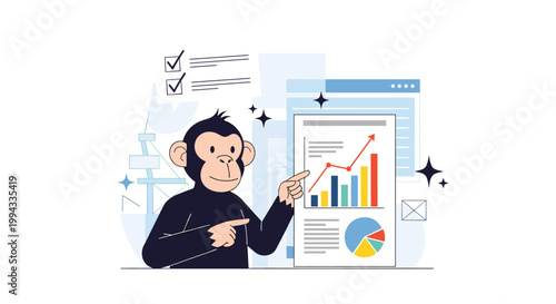 Intelligent monkey character pointing at a business report document with data charts and financial graphics.