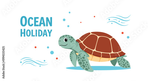 Friendly sea turtle swimming in the ocean with ocean holiday text and decorative water elements illustration.