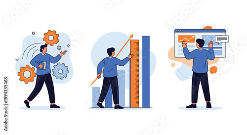 Business scenes with a man managing tasks using gears measuring performance with a ruler and analyzing charts.