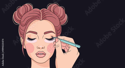 Close up of woman with two hair buns getting false eyelashes applied with tweezers by a beauty professional.