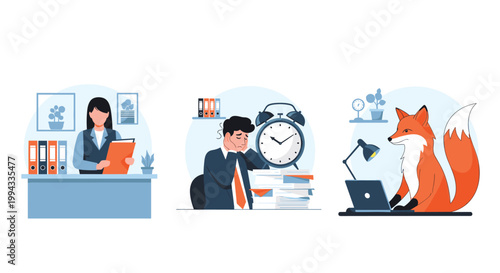 Workplace set featuring a receptionist a stressed businessman with a giant clock and a fox using a laptop.