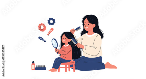 Caring mother sits on the floor while brushing and styling her young daughter's long dark hair using various colorful hairpins and a mirror.