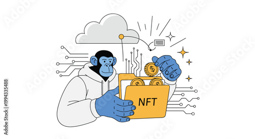 Stylized monkey character wearing a hoodie holds a yellow NFT folder with gold coins against a digital circuit and cloud background.