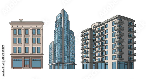 Architectural illustration of three different city buildings including a classic storefront and modern tower.