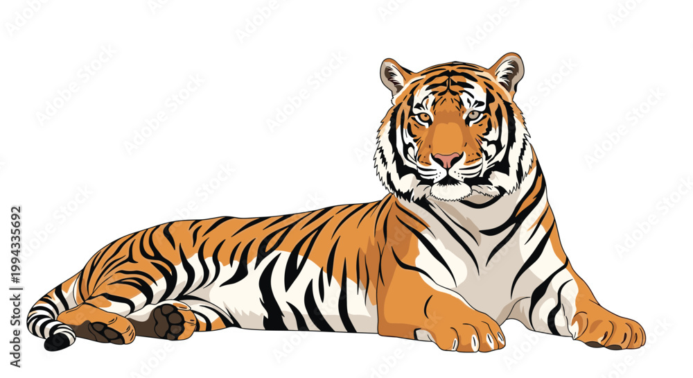 Obraz premium Majestic Bengal tiger with orange and black stripes lies peacefully in a powerful pose against a white background.