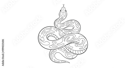 Intricate black and white line art drawing of coiled snake with detailed skin patterns on plain white background.