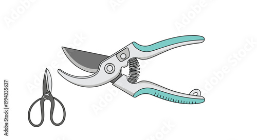 Pair of professional garden pruning shears and traditional small scissors used for gardening and plant maintenance.