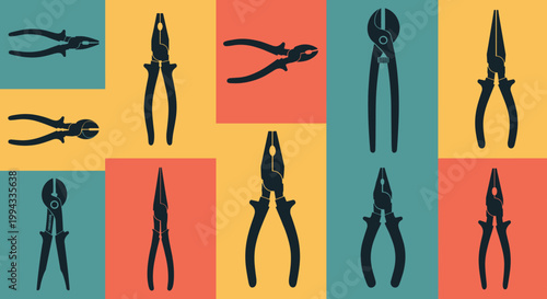 Pop art style grid featuring silhouettes of various types of pliers and cutters on colorful rectangular backgrounds.