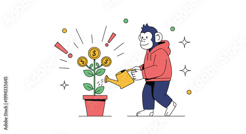 Whimsical illustration features a monkey wearing a red hoodie watering a small plant that grows shiny golden coins.