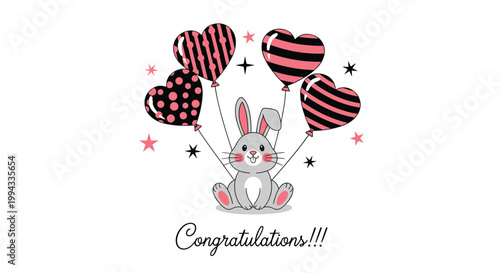 Adorable grey bunny sits beneath four heart shaped balloons with polka dot and striped patterns and congratulations text.