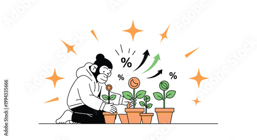 Diligent monkey cares for several potted plants as percentage signs and growth arrows rise in a business concept scene.