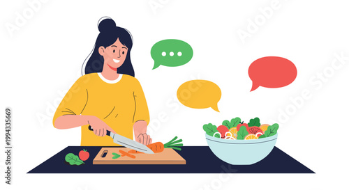 Cheerful woman in kitchen chops fresh carrots for a salad while colorful empty speech bubbles float in the background.