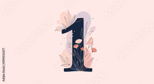 Beautifully stylized number one is decorated with soft pink and orange flowers, delicate leaves, and abstract shapes.
