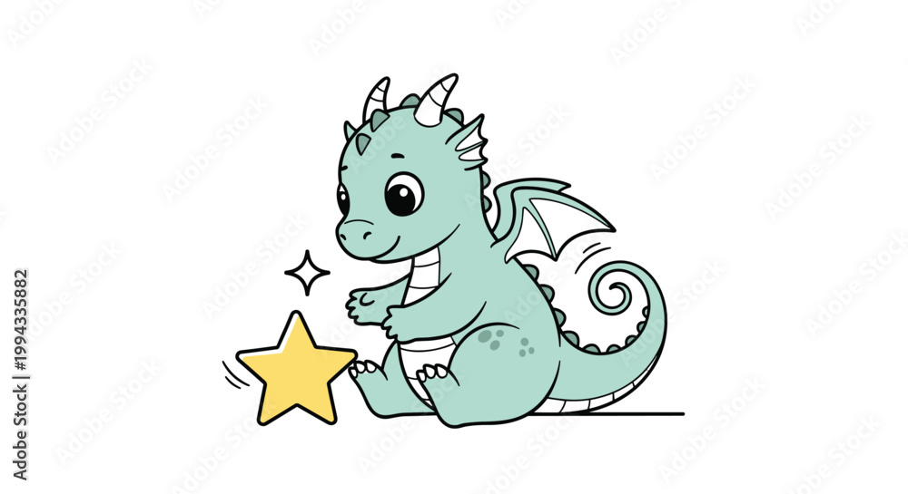Fototapeta premium Small green baby dragon sits happily on the ground while playing with a bright yellow glowing star in a magical scene.
