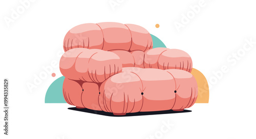 Modern pink velvet puffy armchair stands against a minimal background with geometric shapes in a stylish interior design scene.