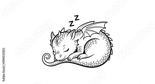 Cute little baby dragon sleeps soundly with its tail curled around itself in a simple black and white line art illustration.