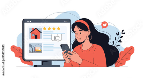 Young woman uses her smartphone and laptop to browse through real estate property listings and home reviews on the internet.