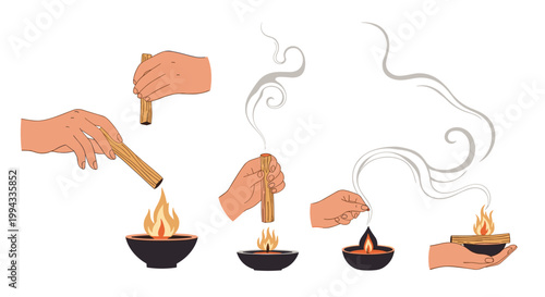 Sequence of hands shows the process of lighting a palo santo incense stick and letting it smoke for spiritual cleansing rituals.