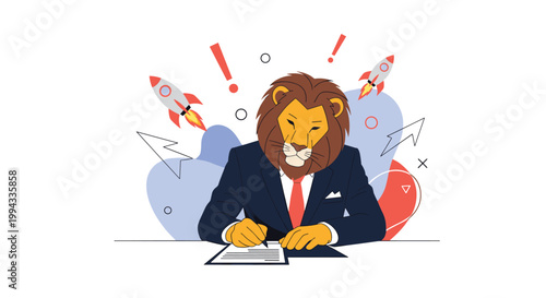 Lion wearing a business suit signs important papers at a desk while rockets launch in the background to symbolize success.