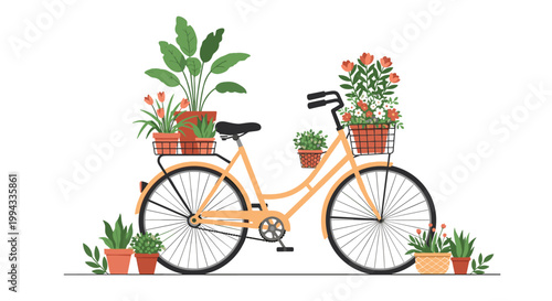 Classic orange bicycle is decorated with several wicker baskets overflowing with green houseplants and blooming spring flowers.
