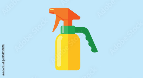 Yellow and green plastic spray bottle used for cleaning or gardening is isolated on a solid light blue background.