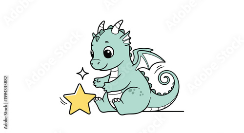 Small green baby dragon sits happily on the ground while playing with a bright yellow glowing star in a magical scene.
