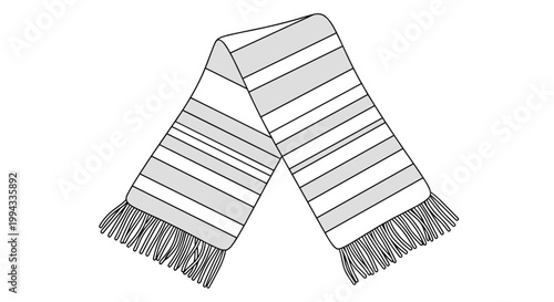 Cozy striped winter scarf with fringe at both ends is displayed in a simple black and grey line art illustration.