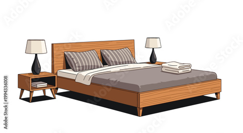 Modern wooden bed with grey bedding and striped pillows stands between two matching nightstands with black lamps.