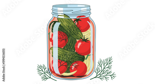 Large glass mason jar is filled with preserved pickled cucumbers, red tomatoes, and fresh dill sprigs for a healthy snack.