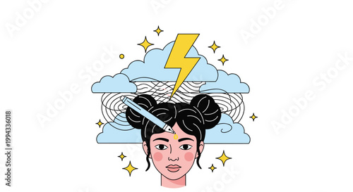 Creative young woman with black hair buns has a brainstorm with clouds and a lightning bolt flashing above her head.