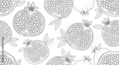 Detailed line art seamless pattern showcases whole and sliced pomegranates with many seeds and leaves on a white background.