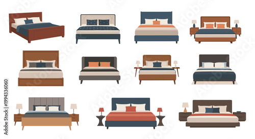 Large set of twelve different modern bed designs features various colors, headboards, and bedding styles for interior planning.