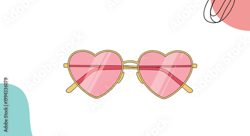 Pair of stylish pink heart shaped sunglasses with gold frames sits centered against a playful abstract background.