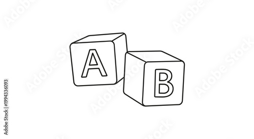Simple black and white line art illustration of two alphabet toy cubes featuring letters a and b for education.