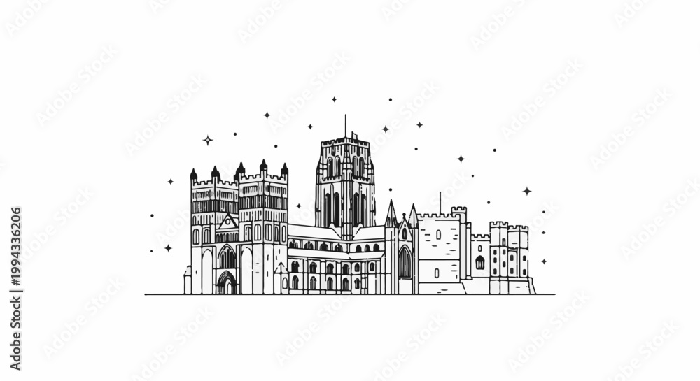 Fototapeta premium Black and white line drawing of a grand cathedral with flanking castle-like structures under a starry sky