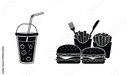 Vector illustration of fast food meal with cold drink, burgers, and french fries.