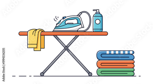 Household chores concept featuring an electric steam iron on a board with laundry detergent and folded towels.