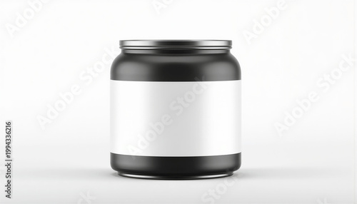 Matte black plastic jar mockup with clean white label, modern minimalist design for supplement packaging, protein powder, or premium beauty products, white background focused studio lighting.