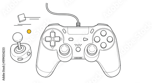 Line art illustration of modern game console controller and joystick for gaming entertainment on white background.